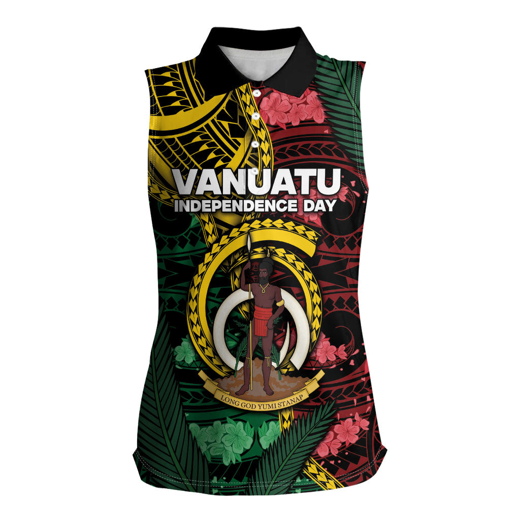 Personalised Vanuatu Independence Day Women Sleeveless Polo Shirt Boar Tusk Warrior Tribal Floral Patterns