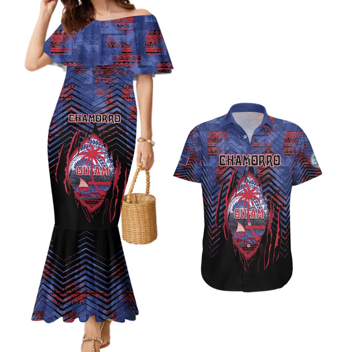 Personalised Guam Couples Matching Mermaid Dress and Hawaiian Shirt Chamorro Seal Tribal Scratch Design - Polynesian Pride