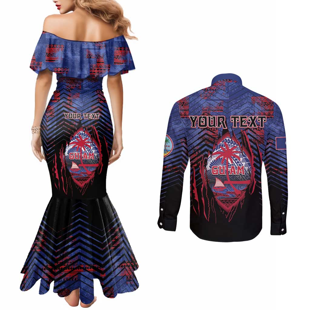 Personalised Guam Couples Matching Mermaid Dress and Long Sleeve Button Shirt Chamorro Seal Tribal Scratch Design - Polynesian Pride