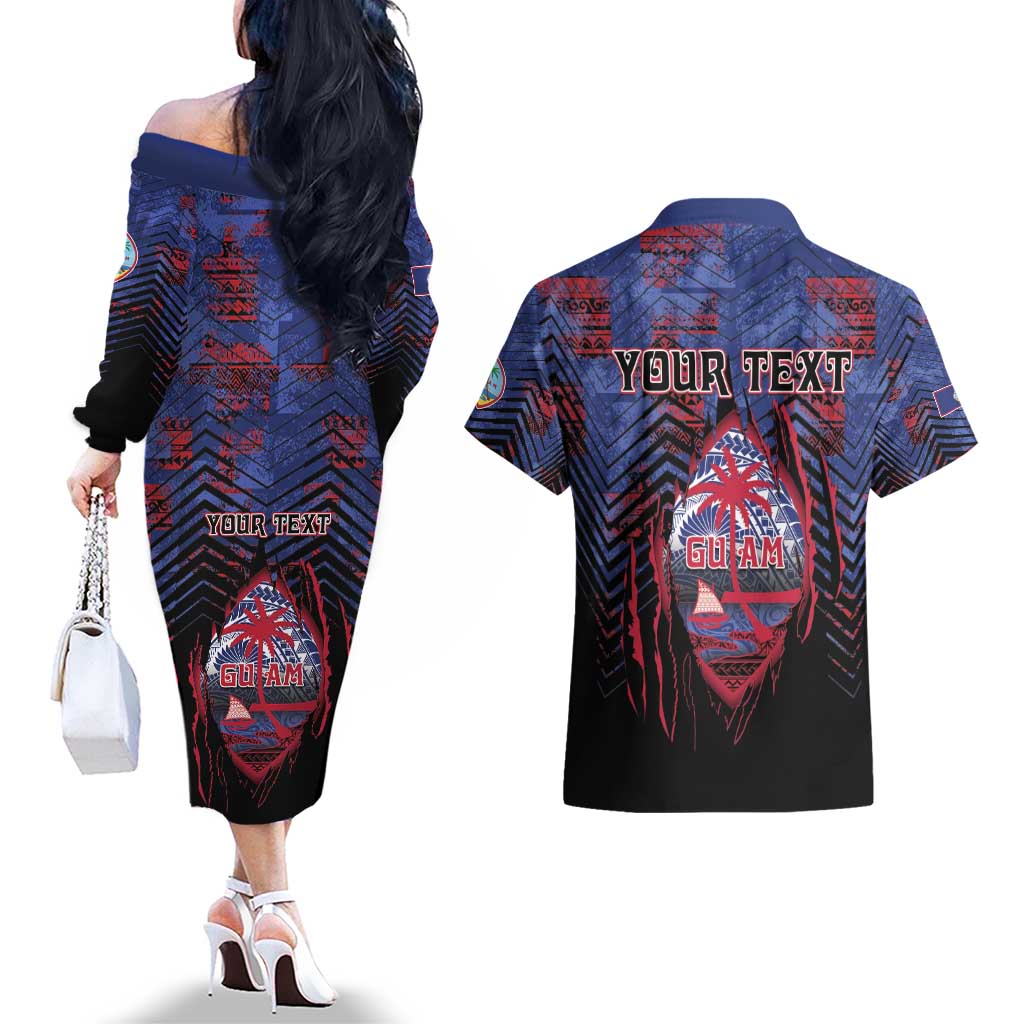 Personalised Guam Couples Matching Off The Shoulder Long Sleeve Dress and Hawaiian Shirt Chamorro Seal Tribal Scratch Design - Polynesian Pride