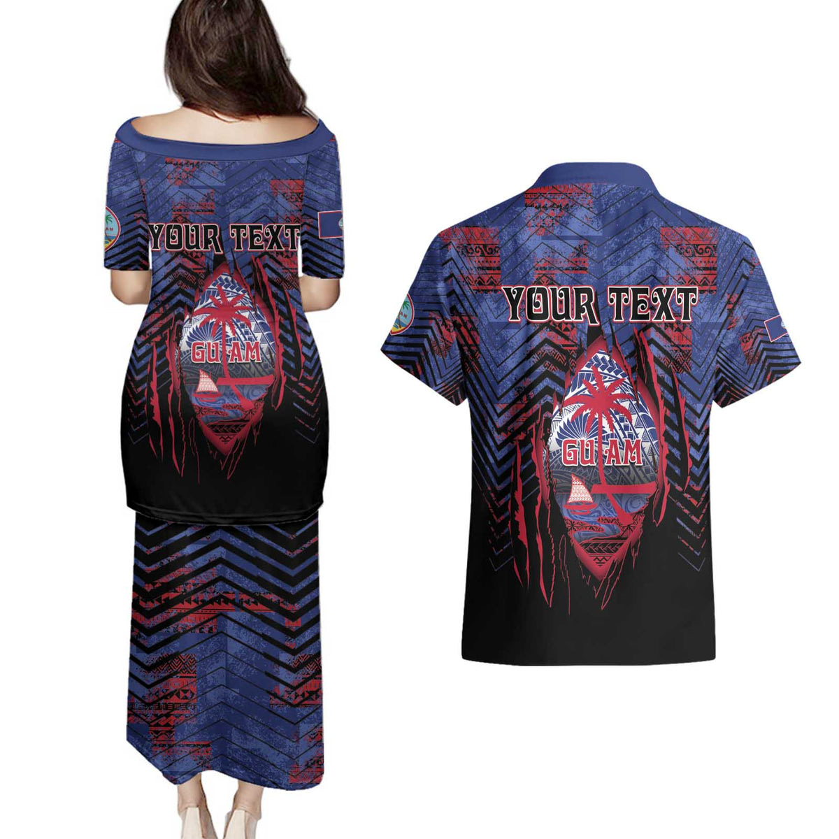 Personalised Guam Couples Matching Puletasi and Hawaiian Shirt Chamorro Seal Tribal Scratch Design - Polynesian Pride