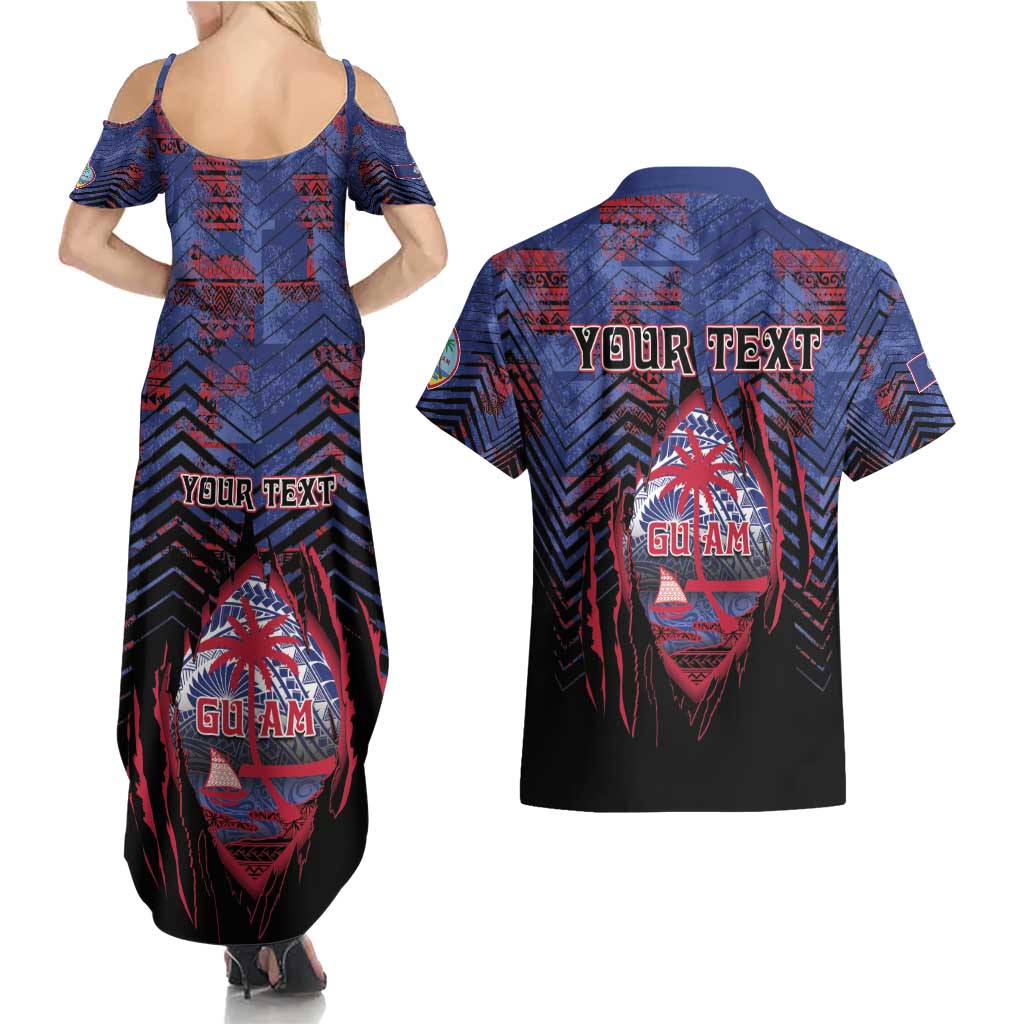 Personalised Guam Couples Matching Summer Maxi Dress and Hawaiian Shirt Chamorro Seal Tribal Scratch Design - Polynesian Pride