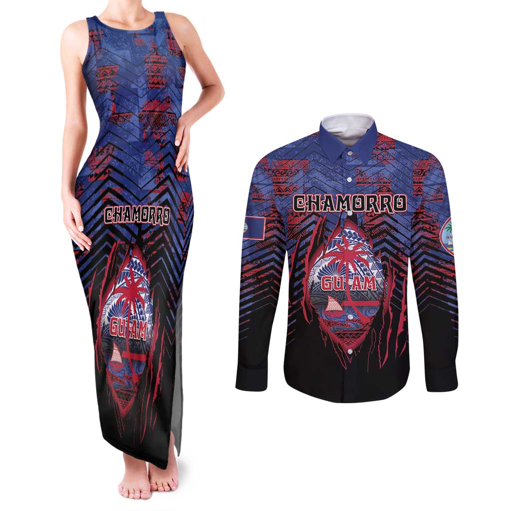 Personalised Guam Couples Matching Tank Maxi Dress and Long Sleeve Button Shirt Chamorro Seal Tribal Scratch Design - Polynesian Pride
