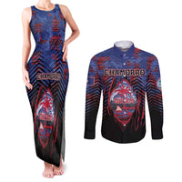 Personalised Guam Couples Matching Tank Maxi Dress and Long Sleeve Button Shirt Chamorro Seal Tribal Scratch Design - Polynesian Pride