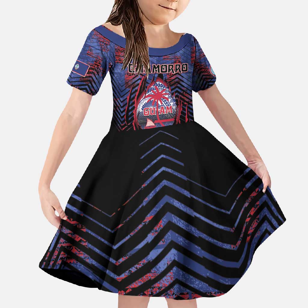 Personalised Guam Family Matching Long Sleeve Bodycon Dress and Hawaiian Shirt Chamorro Seal Tribal Scratch Design DT05 Daughter's Dress Navy - Polynesian Pride