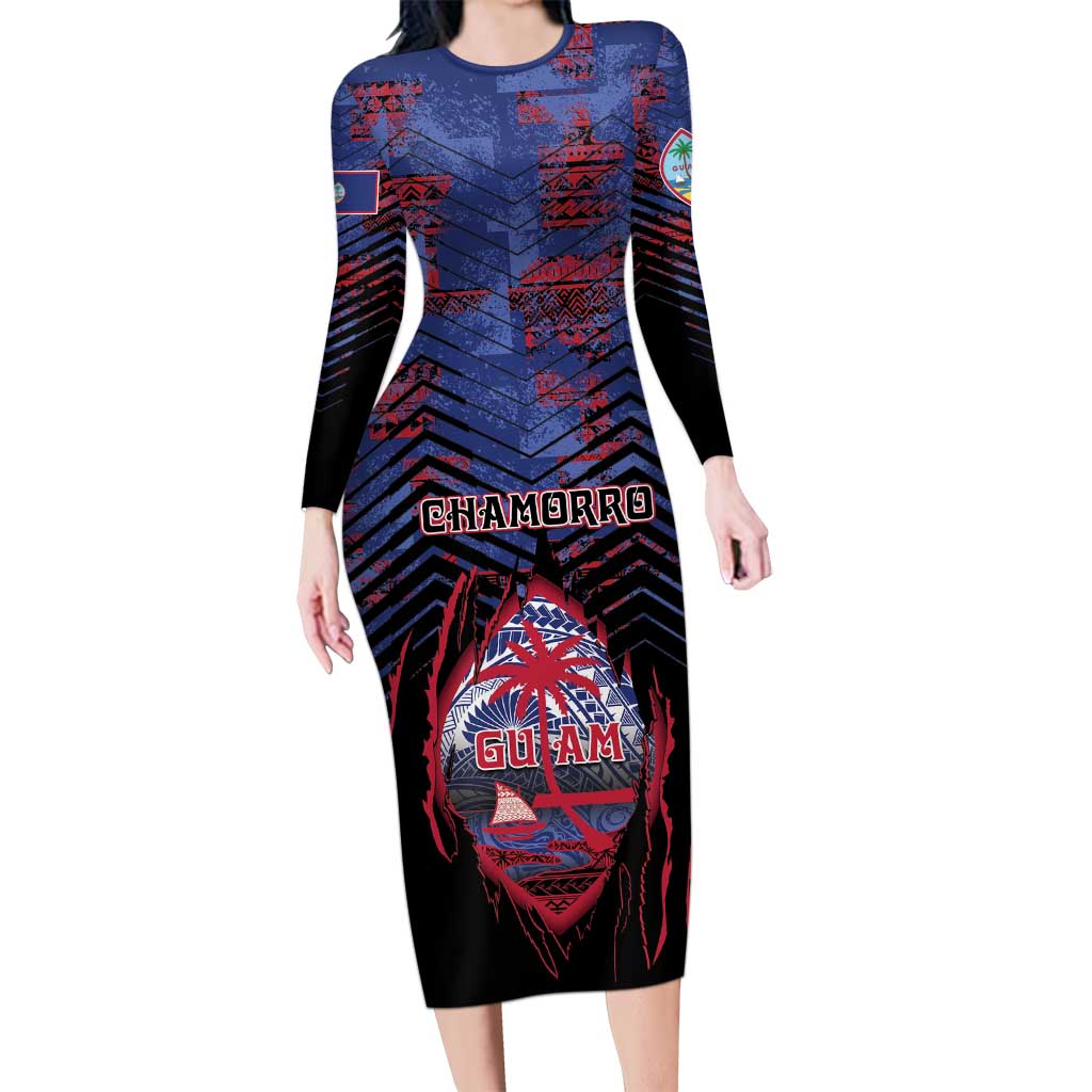 Personalised Guam Family Matching Long Sleeve Bodycon Dress and Hawaiian Shirt Chamorro Seal Tribal Scratch Design DT05 Mom's Dress Navy - Polynesian Pride