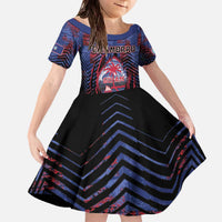 Personalised Guam Family Matching Off The Shoulder Long Sleeve Dress and Hawaiian Shirt Chamorro Seal Tribal Scratch Design DT05 Daughter's Dress Navy - Polynesian Pride