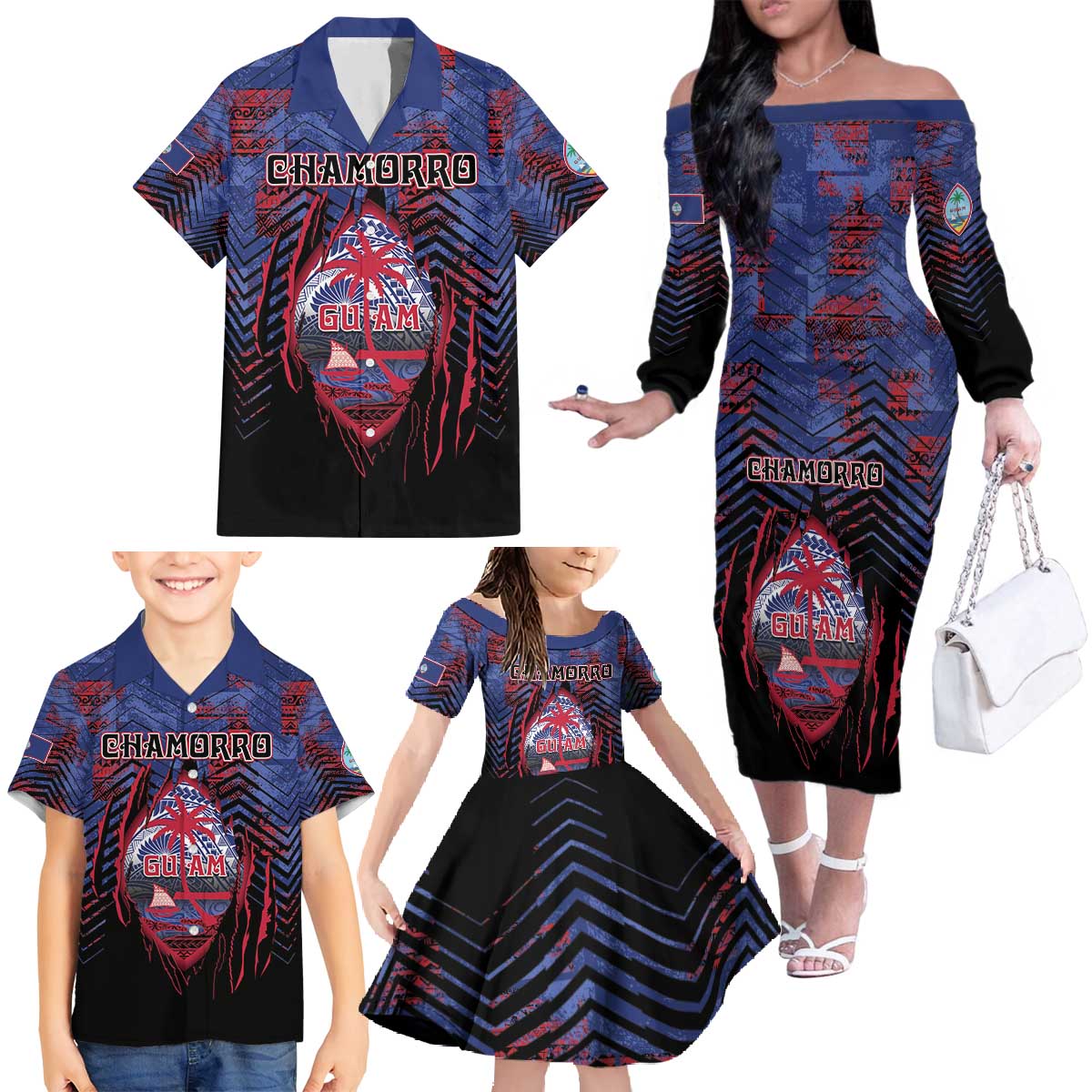 Personalised Guam Family Matching Off The Shoulder Long Sleeve Dress and Hawaiian Shirt Chamorro Seal Tribal Scratch Design DT05 - Polynesian Pride