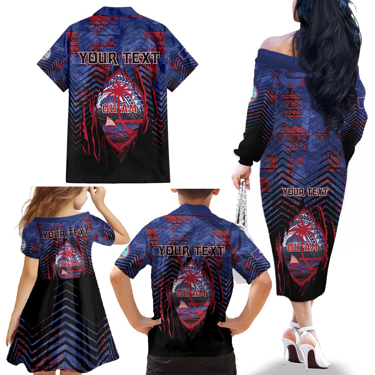 Personalised Guam Family Matching Off The Shoulder Long Sleeve Dress and Hawaiian Shirt Chamorro Seal Tribal Scratch Design DT05 - Polynesian Pride