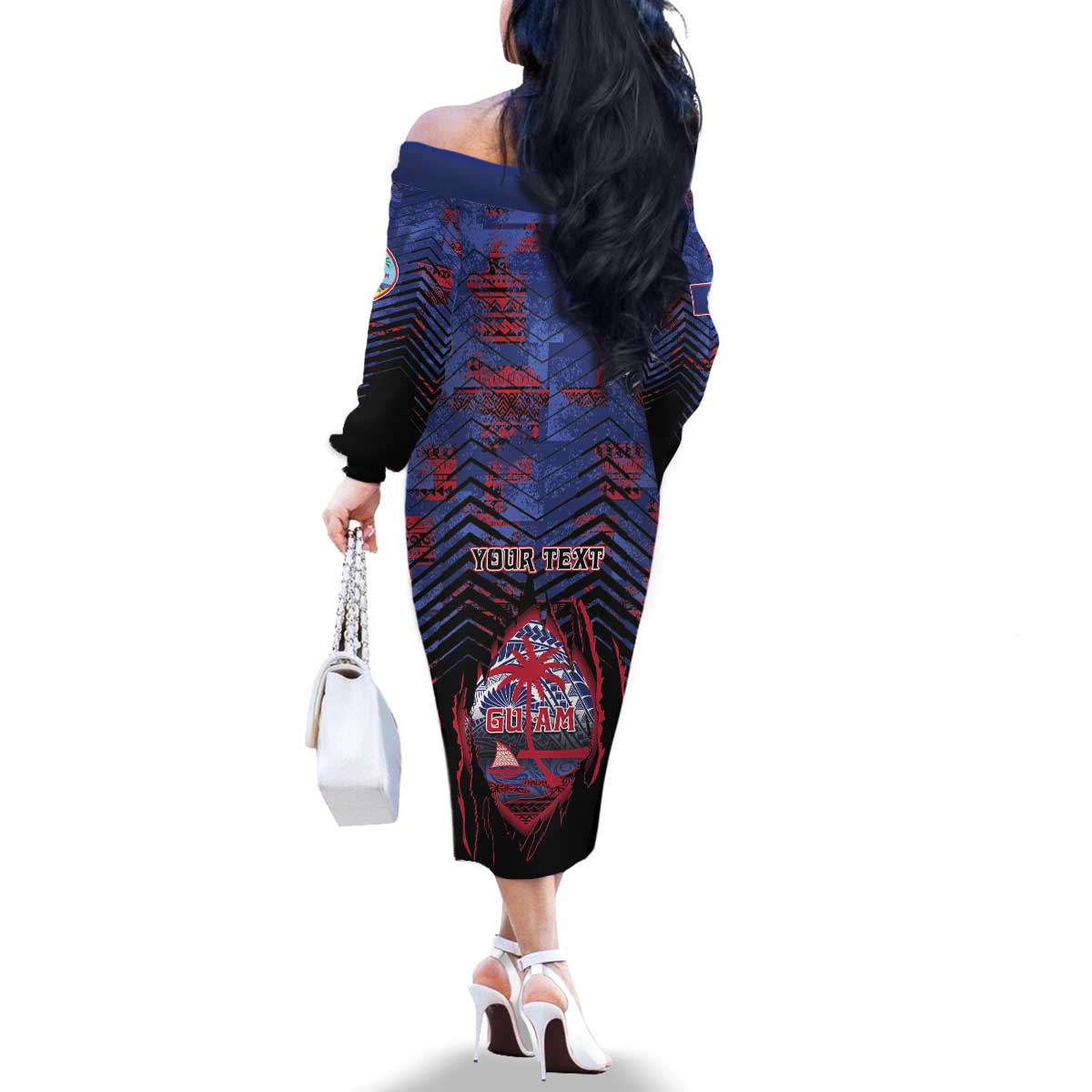 Personalised Guam Family Matching Off The Shoulder Long Sleeve Dress and Hawaiian Shirt Chamorro Seal Tribal Scratch Design DT05 - Polynesian Pride
