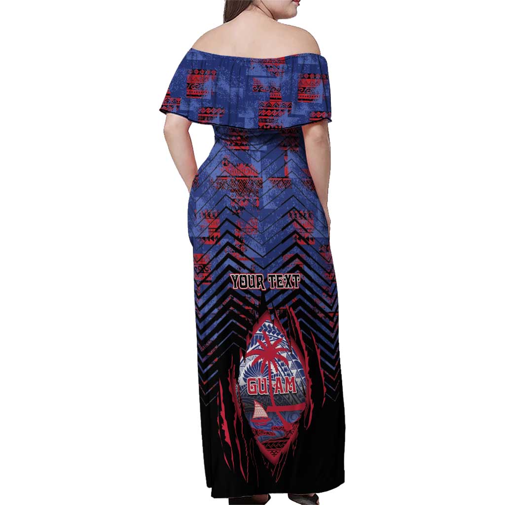 Personalised Guam Family Matching Off Shoulder Maxi Dress and Hawaiian Shirt Chamorro Seal Tribal Scratch Design - Polynesian Pride