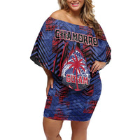 Personalised Guam Family Matching Off Shoulder Short Dress and Hawaiian Shirt Chamorro Seal Tribal Scratch Design - Polynesian Pride