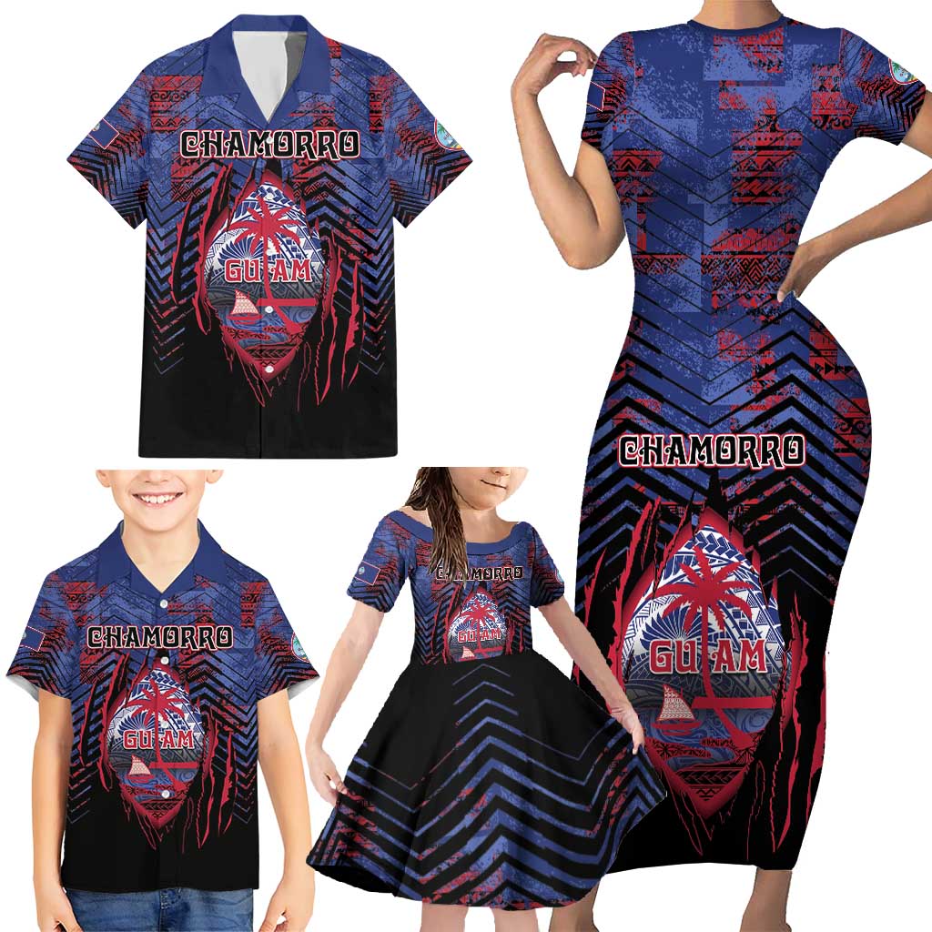 Personalised Guam Family Matching Short Sleeve Bodycon Dress and Hawaiian Shirt Chamorro Seal Tribal Scratch Design DT05 - Polynesian Pride