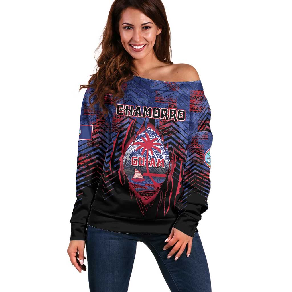 Personalised Guam Off Shoulder Sweater Chamorro Seal Tribal Scratch Design - Polynesian Pride
