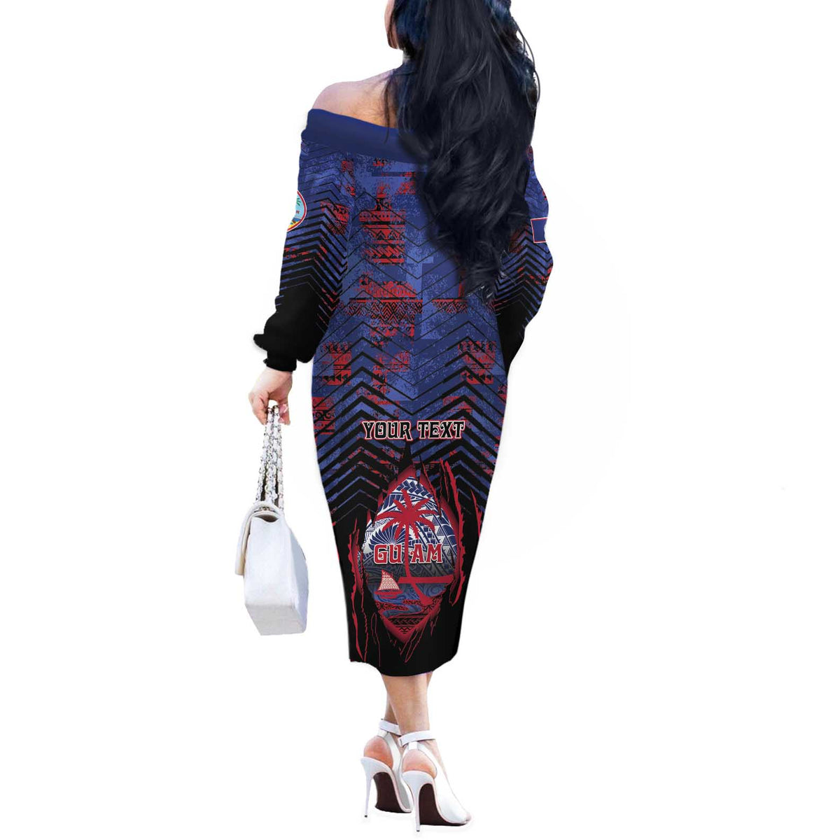 Personalised Guam Off The Shoulder Long Sleeve Dress Chamorro Seal Tribal Scratch Design - Polynesian Pride
