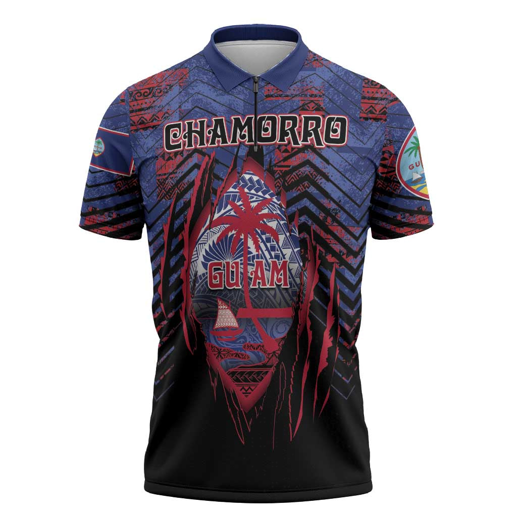 Personalised Guam Zipper Polo Shirt Chamorro Seal Tribal Scratch Design - Polynesian Pride