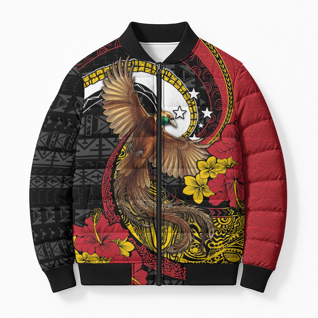 Personalised Papua New Guinea Language Week Bomber Puffer Jacket Bird Of Paradise Tribal Floral Pattern