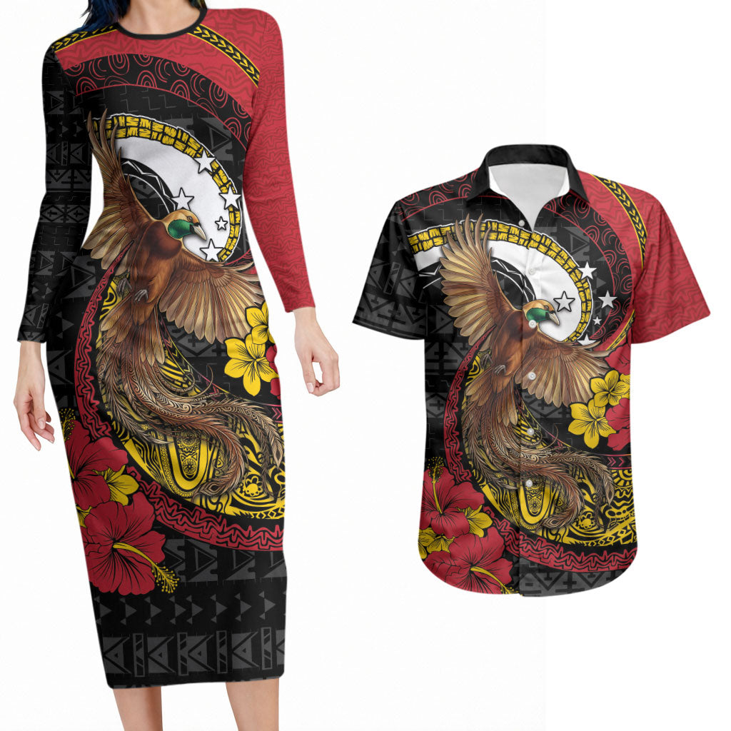 Personalised Papua New Guinea Language Week Couples Matching Long Sleeve Bodycon Dress and Hawaiian Shirt Bird Of Paradise Tribal Floral Pattern