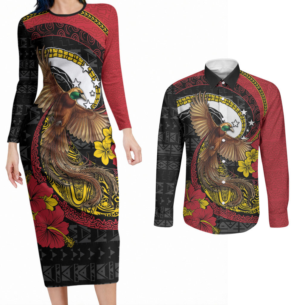 Personalised Papua New Guinea Language Week Couples Matching Long Sleeve Bodycon Dress and Long Sleeve Button Shirt Bird Of Paradise Tribal Floral Pattern