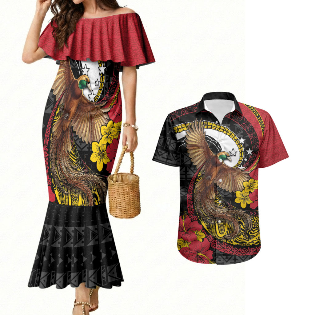 Personalised Papua New Guinea Language Week Couples Matching Mermaid Dress and Hawaiian Shirt Bird Of Paradise Tribal Floral Pattern