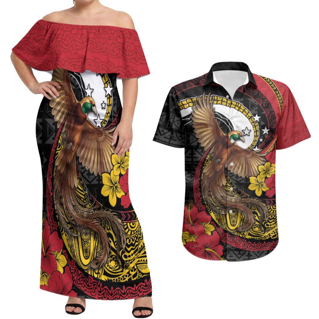 Personalised Papua New Guinea Language Week Couples Matching Off Shoulder Maxi Dress and Hawaiian Shirt Bird Of Paradise Tribal Floral Pattern
