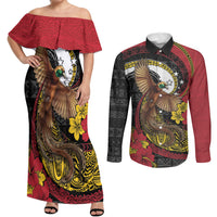 Personalised Papua New Guinea Language Week Couples Matching Off Shoulder Maxi Dress and Long Sleeve Button Shirt Bird Of Paradise Tribal Floral Pattern DT05 Black - Polynesian Pride