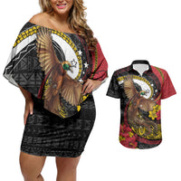Personalised Papua New Guinea Language Week Couples Matching Off Shoulder Short Dress and Hawaiian Shirt Bird Of Paradise Tribal Floral Pattern DT05 Black - Polynesian Pride