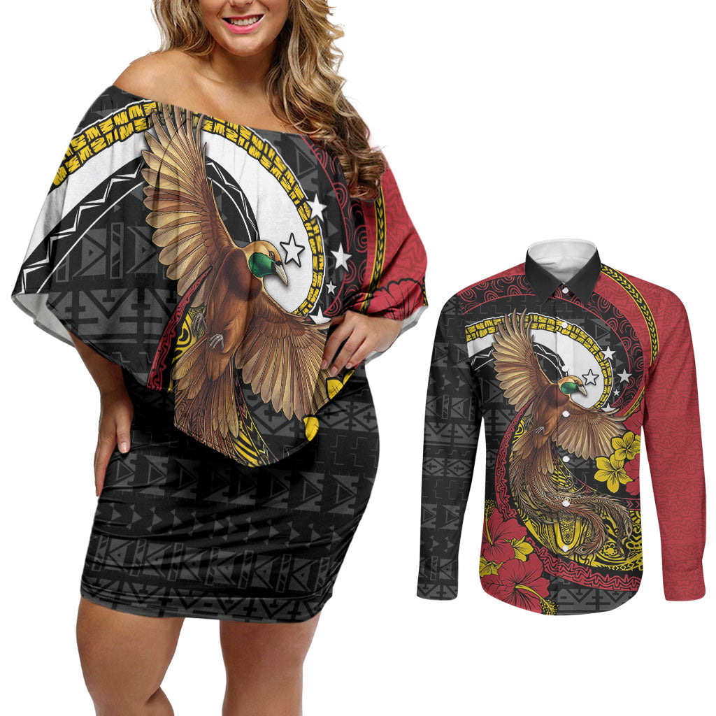 Personalised Papua New Guinea Language Week Couples Matching Off Shoulder Short Dress and Long Sleeve Button Shirt Bird Of Paradise Tribal Floral Pattern