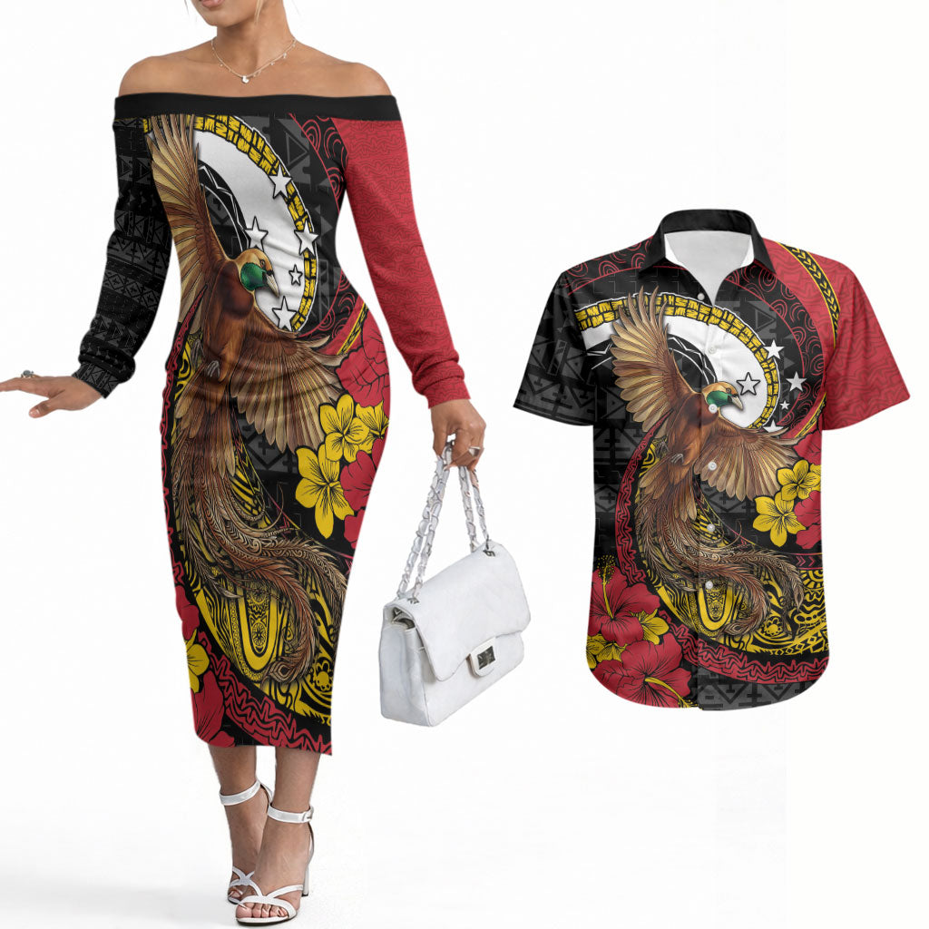 Personalised Papua New Guinea Language Week Couples Matching Off The Shoulder Long Sleeve Dress and Hawaiian Shirt Bird Of Paradise Tribal Floral Pattern