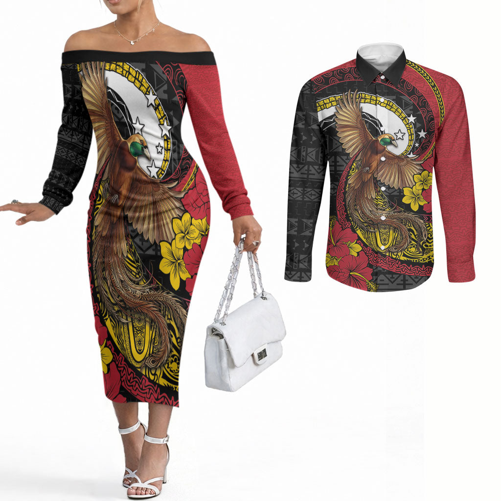 Personalised Papua New Guinea Language Week Couples Matching Off The Shoulder Long Sleeve Dress and Long Sleeve Button Shirt Bird Of Paradise Tribal Floral Pattern
