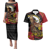 Personalised Papua New Guinea Language Week Couples Matching Puletasi and Hawaiian Shirt Bird Of Paradise Tribal Floral Pattern DT05 Black - Polynesian Pride