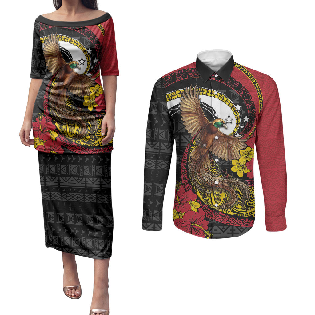 Personalised Papua New Guinea Language Week Couples Matching Puletasi and Long Sleeve Button Shirt Bird Of Paradise Tribal Floral Pattern DT05 Black - Polynesian Pride