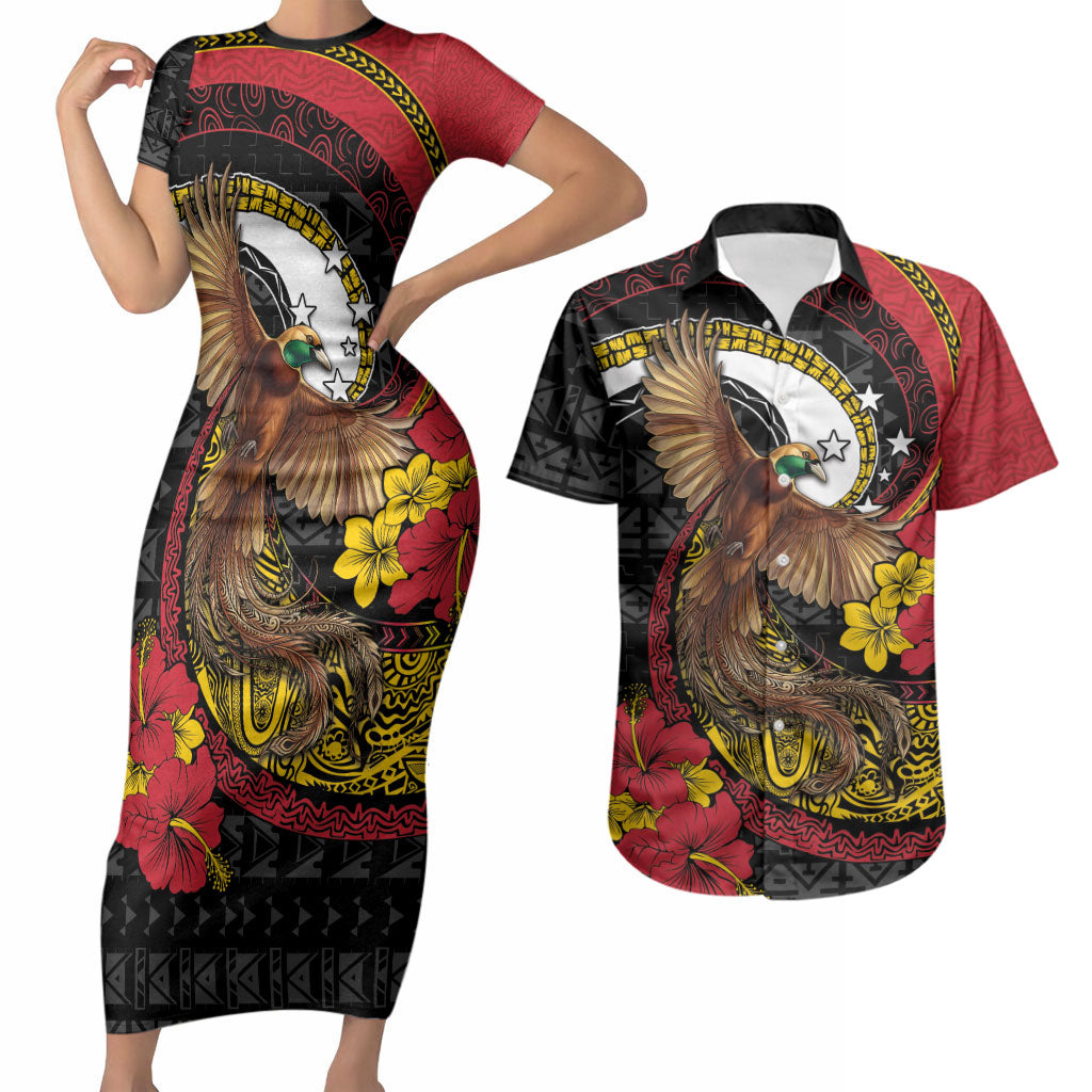 Personalised Papua New Guinea Language Week Couples Matching Short Sleeve Bodycon Dress and Hawaiian Shirt Bird Of Paradise Tribal Floral Pattern