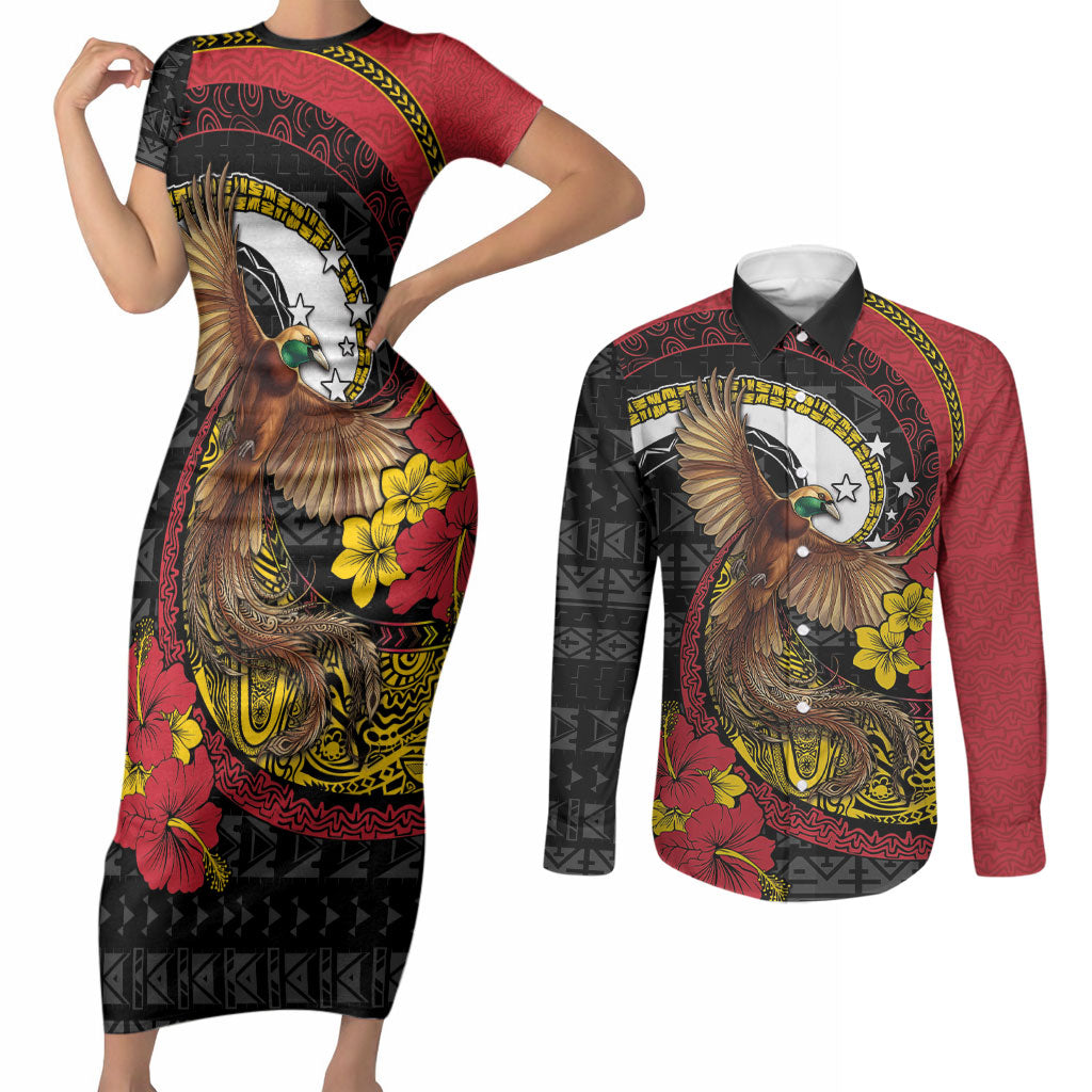 Personalised Papua New Guinea Language Week Couples Matching Short Sleeve Bodycon Dress and Long Sleeve Button Shirt Bird Of Paradise Tribal Floral Pattern