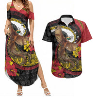 Personalised Papua New Guinea Language Week Couples Matching Summer Maxi Dress and Hawaiian Shirt Bird Of Paradise Tribal Floral Pattern DT05 Black - Polynesian Pride