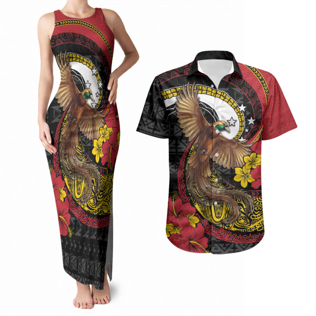 Personalised Papua New Guinea Language Week Couples Matching Tank Maxi Dress and Hawaiian Shirt Bird Of Paradise Tribal Floral Pattern DT05 Black - Polynesian Pride