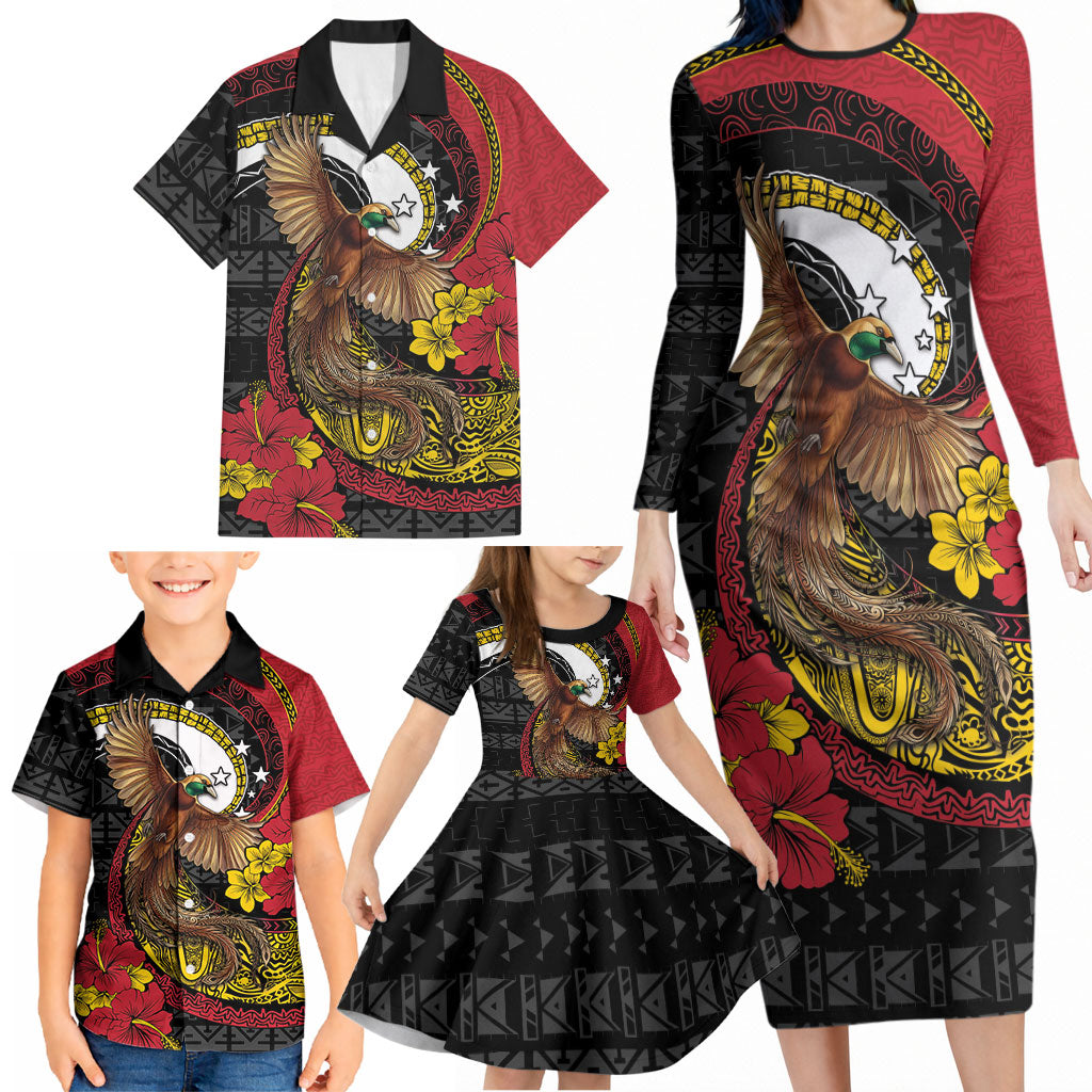 Personalised Papua New Guinea Language Week Family Matching Long Sleeve Bodycon Dress and Hawaiian Shirt Bird Of Paradise Tribal Floral Pattern