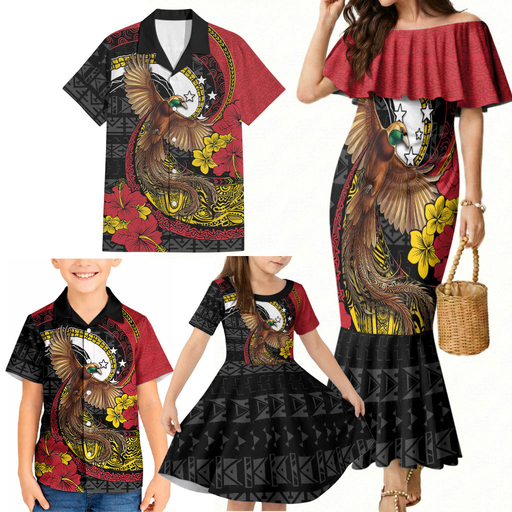 Personalised Papua New Guinea Language Week Family Matching Mermaid Dress and Hawaiian Shirt Bird Of Paradise Tribal Floral Pattern
