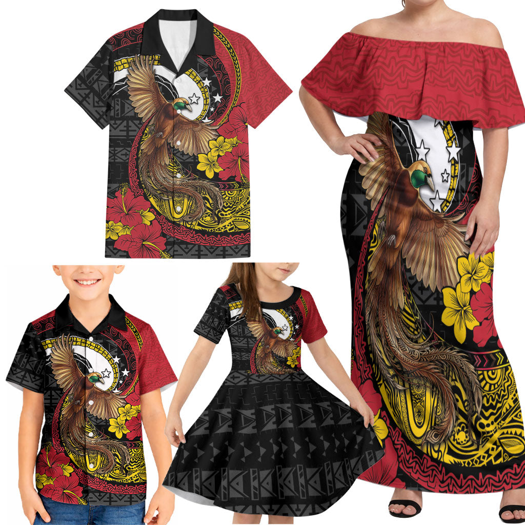 Personalised Papua New Guinea Language Week Family Matching Off Shoulder Maxi Dress and Hawaiian Shirt Bird Of Paradise Tribal Floral Pattern