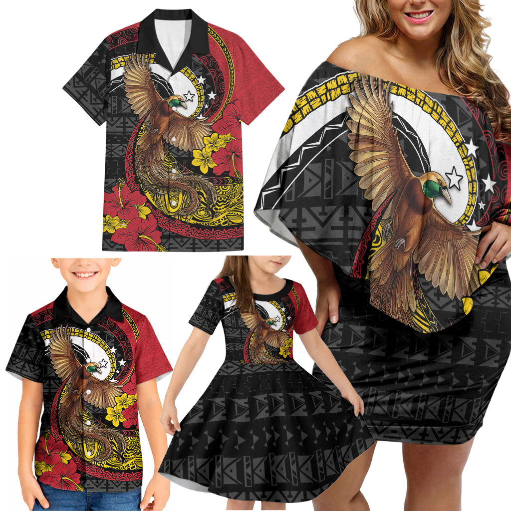 Personalised Papua New Guinea Language Week Family Matching Off Shoulder Short Dress and Hawaiian Shirt Bird Of Paradise Tribal Floral Pattern