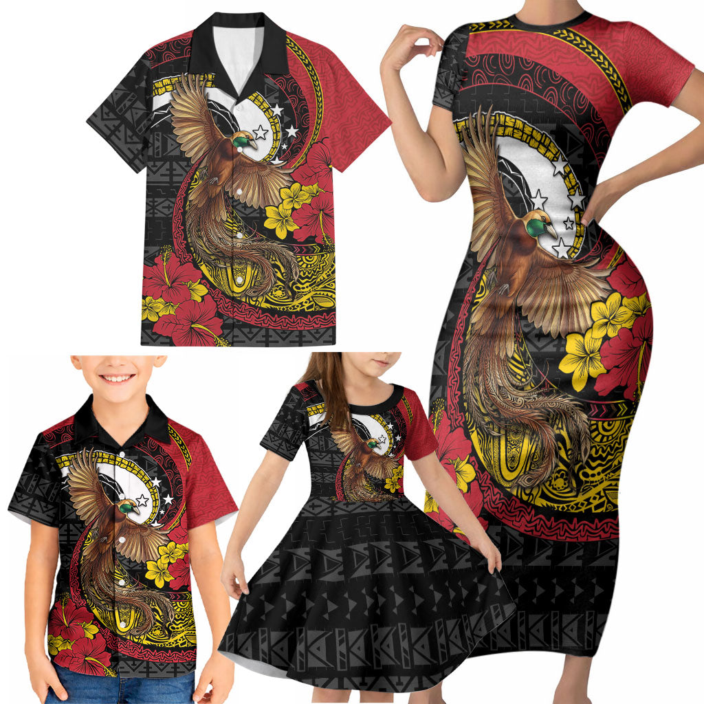 Personalised Papua New Guinea Language Week Family Matching Short Sleeve Bodycon Dress and Hawaiian Shirt Bird Of Paradise Tribal Floral Pattern