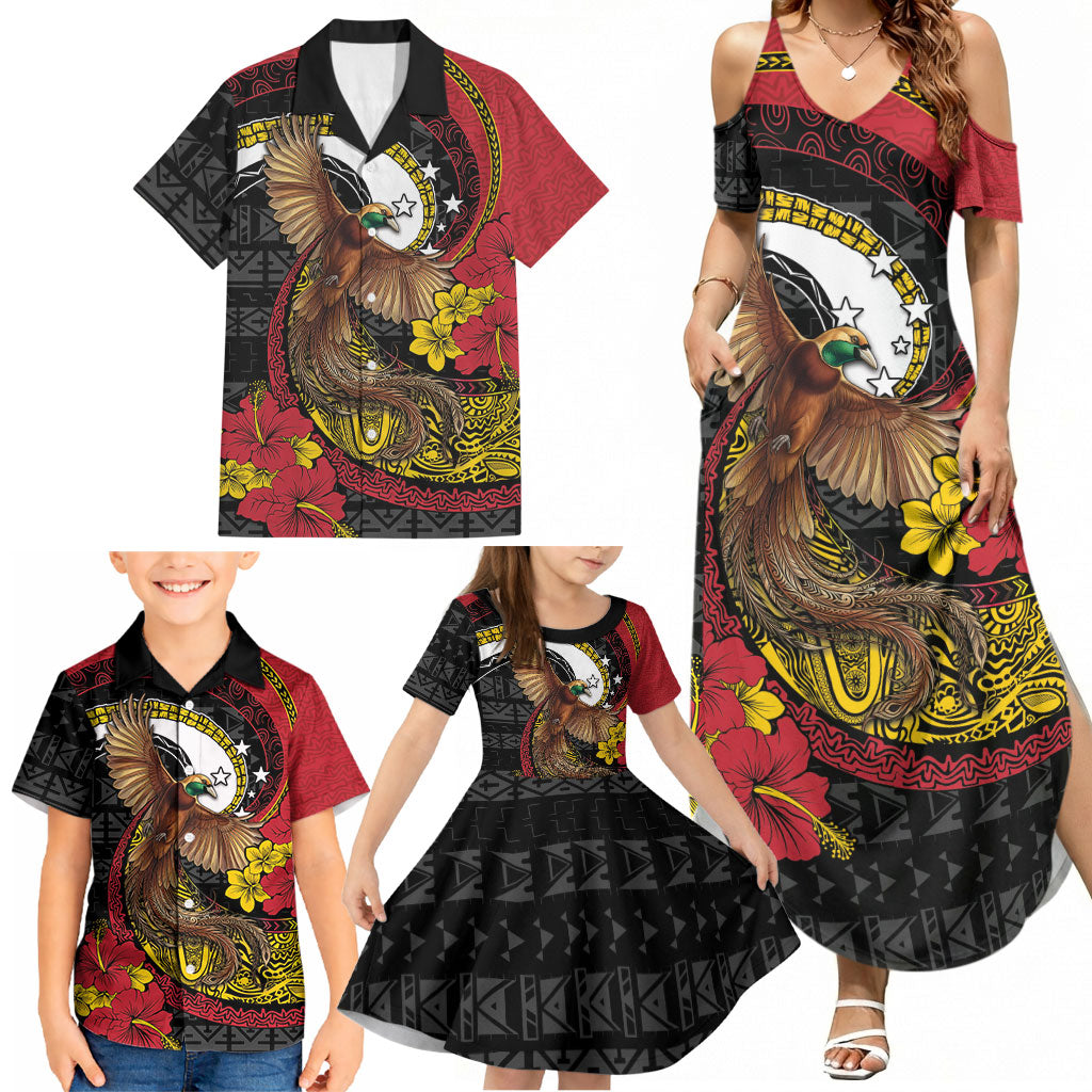 Personalised Papua New Guinea Language Week Family Matching Summer Maxi Dress and Hawaiian Shirt Bird Of Paradise Tribal Floral Pattern