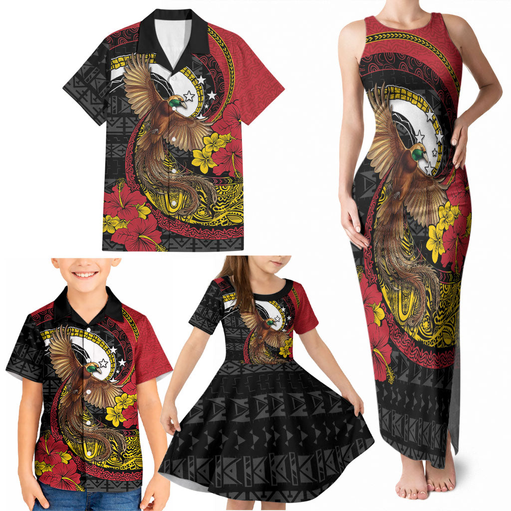 Personalised Papua New Guinea Language Week Family Matching Tank Maxi Dress and Hawaiian Shirt Bird Of Paradise Tribal Floral Pattern