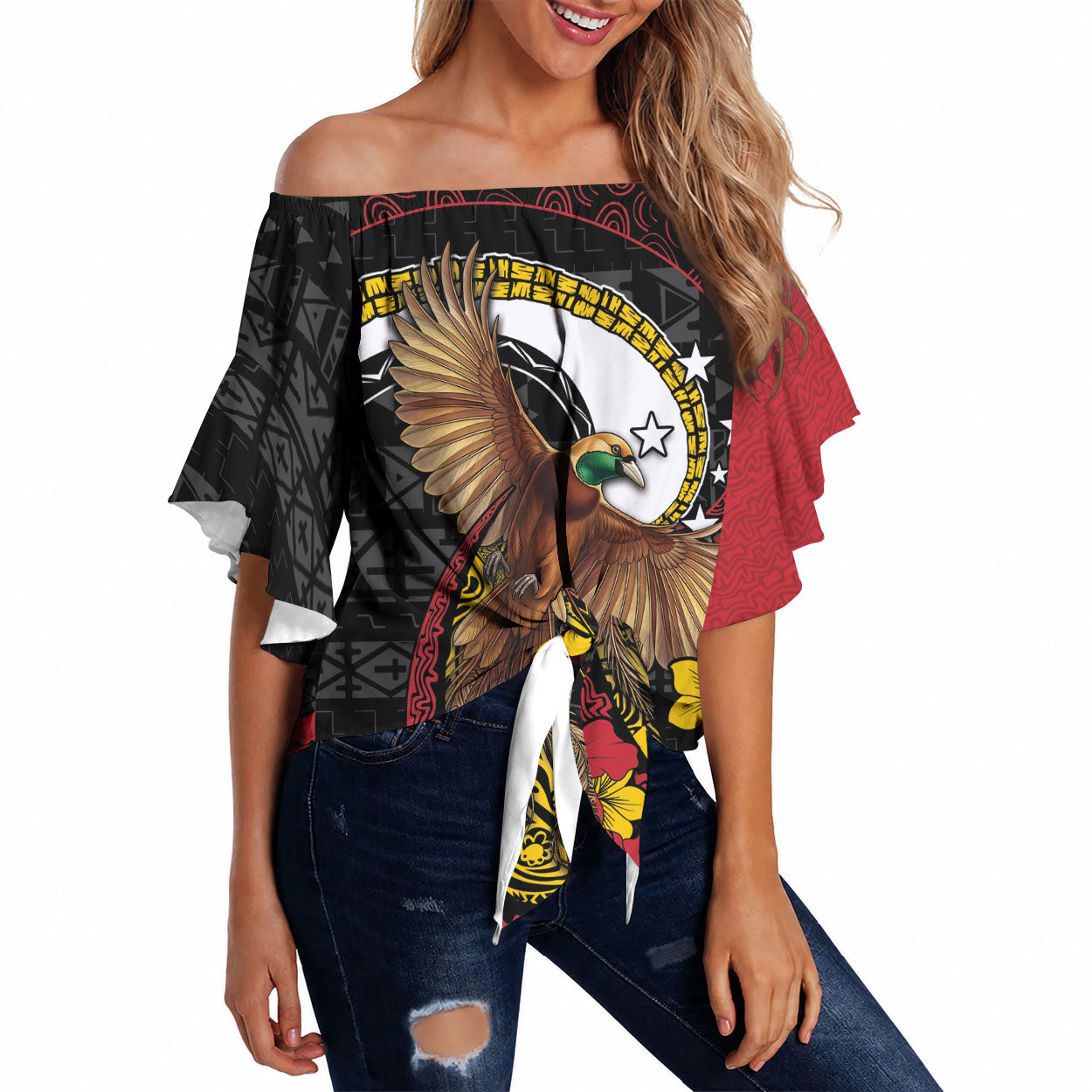 Personalised Papua New Guinea Language Week Off Shoulder Wrap Waist Top Bird Of Paradise Tribal Floral Pattern
