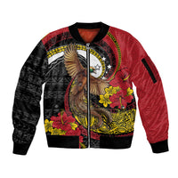 Personalised Papua New Guinea Language Week Sleeve Zip Bomber Jacket Bird Of Paradise Tribal Floral Pattern DT05 Unisex Black - Polynesian Pride