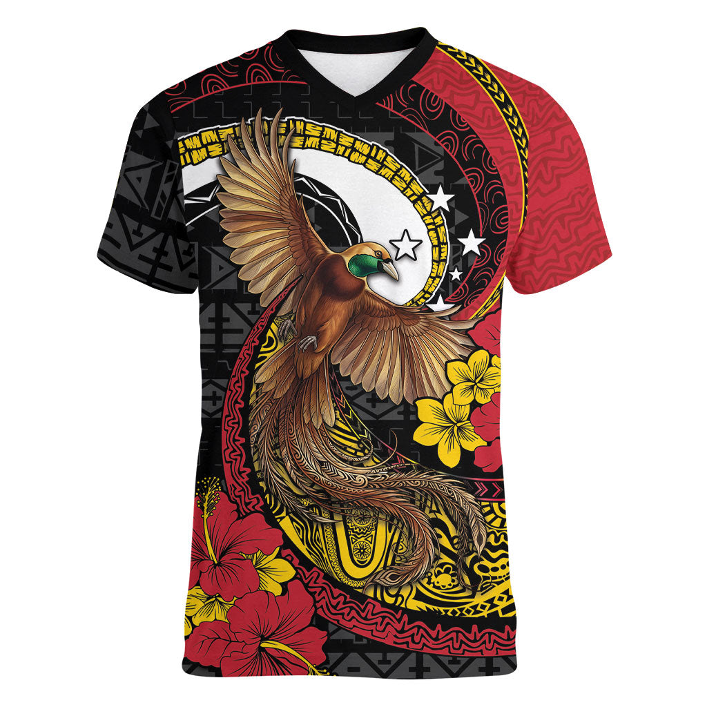 Personalised Papua New Guinea Language Week Women V-Neck T-Shirt Bird Of Paradise Tribal Floral Pattern