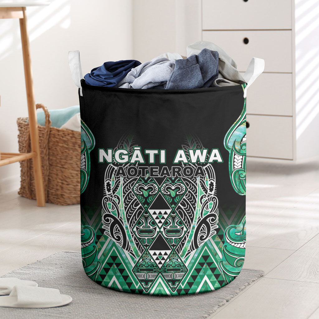 Aotearoa Ngati Awa Laundry Basket Maori Tribal Green Marble Paua Shell Pattern DT05 Green - Polynesian Pride