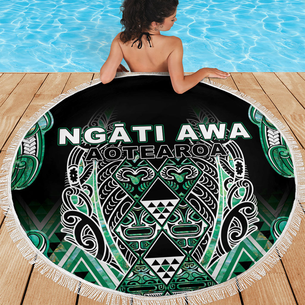 Aotearoa Ngati Awa Beach Blanket Maori Tribal Green Marble Paua Shell Pattern DT05 - Polynesian Pride