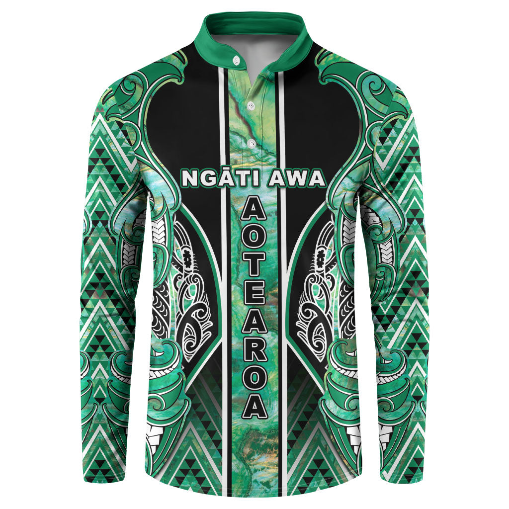 Aotearoa Ngati Awa Button Sweatshirt Maori Tribal Green Marble Paua Shell Pattern DT05 Green - Polynesian Pride