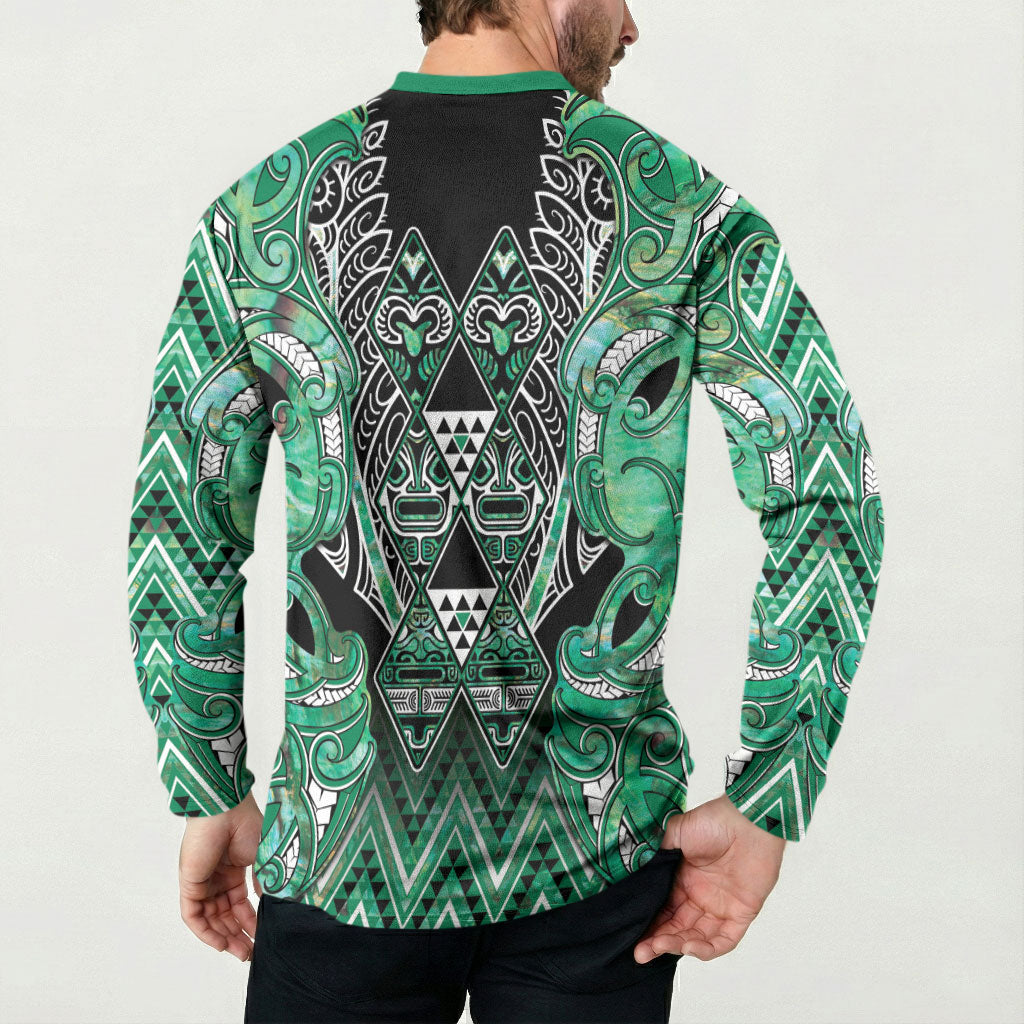 Aotearoa Ngati Awa Button Sweatshirt Maori Tribal Green Marble Paua Shell Pattern DT05 - Polynesian Pride